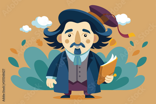 A whimsical cartoon character of a poet stands proudly with a book, set against a lively background, Poetry Customizable Cartoon Illustration