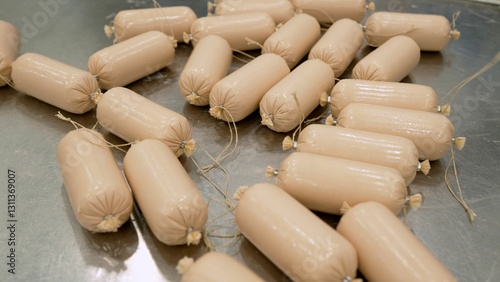Obraz na plátně Fresh sausages are wrapped in plastic casing and tied with string, ready for pac