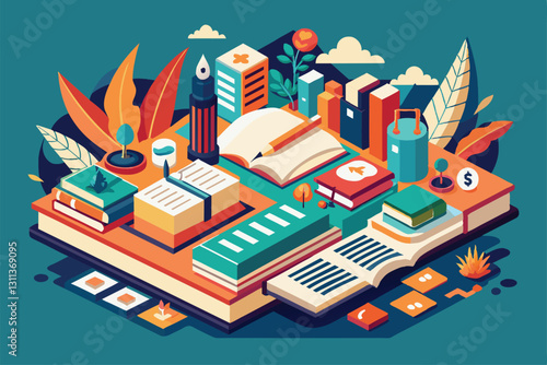 A vibrant workspace showcases customizable poetry elements with books, plants, and writing essentials, Poetry Customizable Isometric Illustration