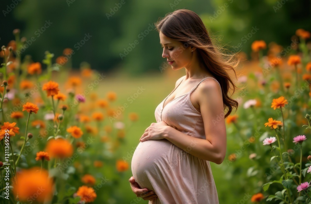 Young pregnant woman standing in a field of vibrant flowers during golden hour Young pregnant woman standing in a field of vibrant flowers during golden hour