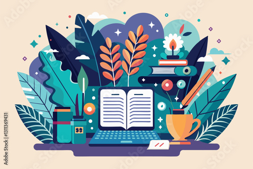 A vibrant display of poetry elements includes a laptop, plants, and art supplies in a colorful arrangement, Poetry Customizable Semi Flat Illustration