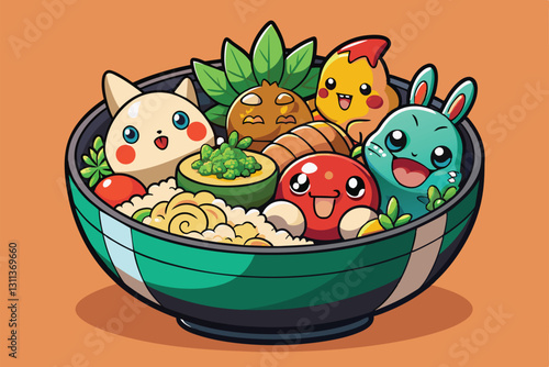 Enjoy a vibrant cartoon illustration of a poke bowl overflowing with fun, customizable toppings and characters, Poke bowl Customizable Cartoon Illustration