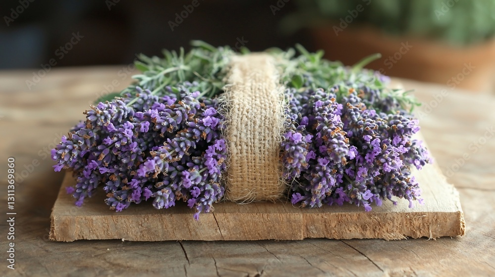 Freshly harvested lavender bundled with twine on a rustic wooden surface, with greenery in the background Freshly harvested lavender bundled with twine on a rustic wooden surface, with greenery in the background