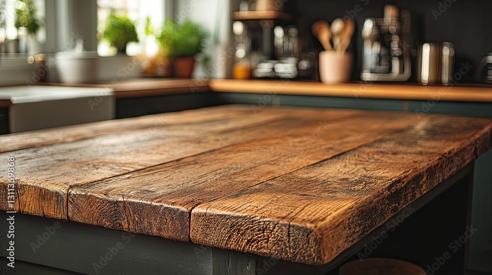 A rustic reclaimed wood countertop shows imperfections with knots and a textured surface. A rustic reclaimed wood countertop shows imperfections with knots and a textured surface.