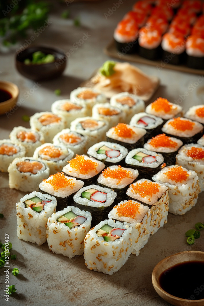 Assortment of sushi with various fillings, fresh seafood and soy sauce on the table Assortment of sushi with various fillings, fresh seafood and soy sauce on the table