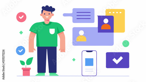 User Profile Setup A depiction of a character creating a user profile for a shopping assistant app including selecting preferences like colors types of clothing and occasions.