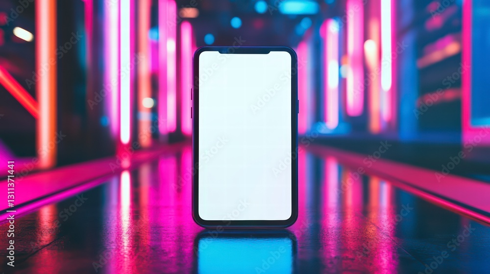 Phone Interface Display: A sleek smartphone showcases a blank interface, bathed in the vibrant glow of neon lights, suggesting a world of possibilities and seamless connectivity. Phone Interface Display: A sleek smartphone showcases a blank interface, bathed in the vibrant glow of neon lights, suggesting a world of possibilities and seamless connectivity.