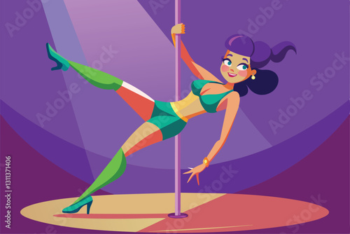 A cheerful cartoon character showcases her pole dancing skills in a colorful studio with bright lighting, Pole dance Customizable Cartoon Illustration