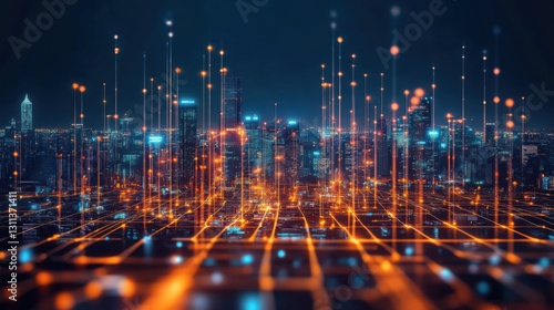 Smart city network futuristic cityscape at night