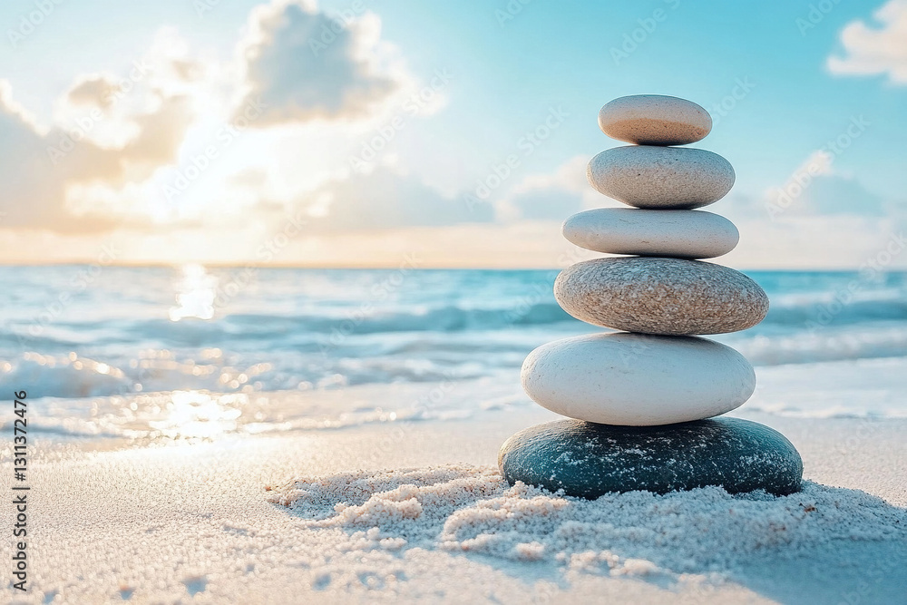 Stack or pyramid of smooth white stones on sand at seaside with blurred background. Balanced rocks on a blurred seascape with space for text. Stack or pyramid of smooth white stones on sand at seaside with blurred background. Balanced rocks on a blurred seascape with space for text.