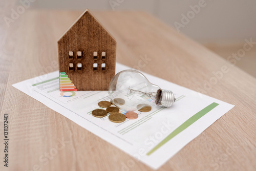 Wooden house model, light bulb and coins on energy efficiency document on the table photo