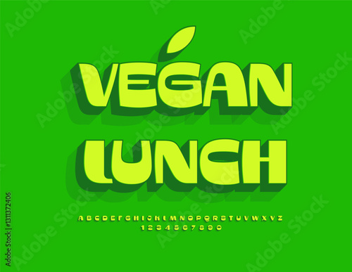 Vector Healthy poster Vegan Lunch. Elegant Green Font. Creative 3D Alphabet Letters and Numbers set