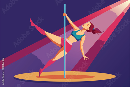 A performer showcases an elegant pole dance in a colorful spotlight with a semi-flat background, Pole dance Customizable Semi Flat Illustration
