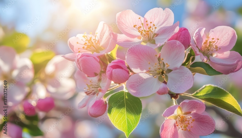 Obraz premium Beautiful Spring. Branch of a Blossoming Apple Tree with Pink Buds on Sunny Day, Blue Sky Background