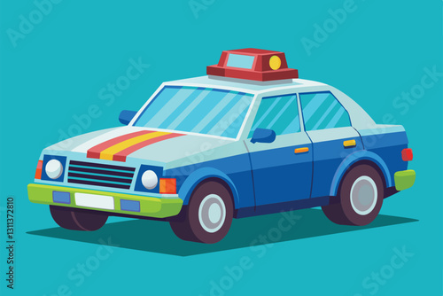 A vibrant, cartoon-style police car with a colorful design and emergency lights ready for customization, Police car Customizable Cartoon Illustration