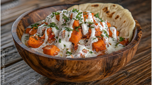 Sweet potato stew, creamy sauce, fresh herbs, served in a wooden bowl photo