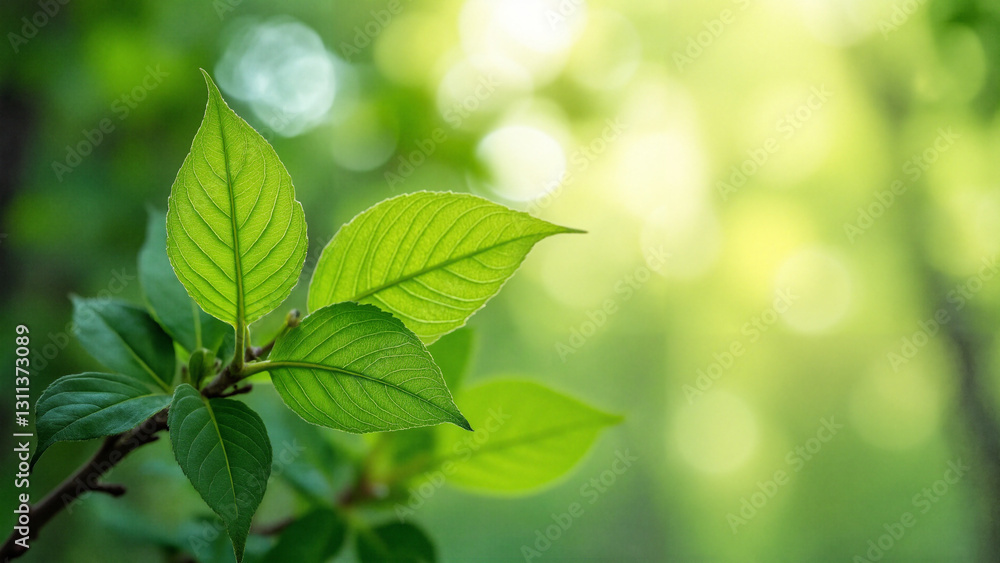 Vibrant Green Leaves in a Blurred Forest Background for Spring and Easter Celebrations, Perfect for Nature-Themed Projects and Marketing Materials Vibrant Green Leaves in a Blurred Forest Background for Spring and Easter Celebrations, Perfect for Nature-Themed Projects and Marketing Materials