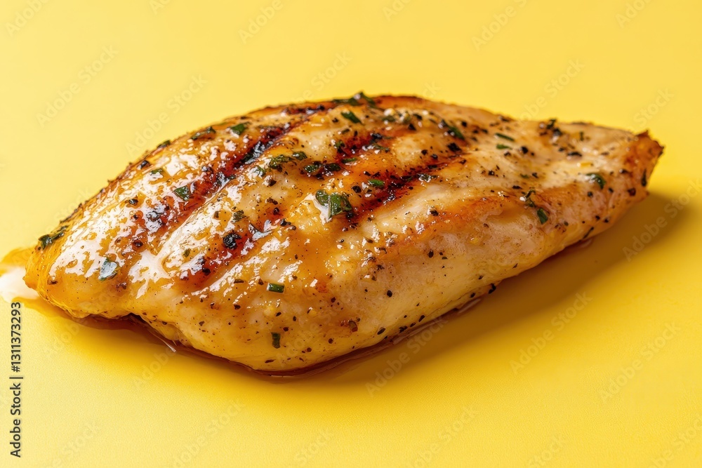 Grilled chicken breast with herbs presented on a vibrant yellow background Grilled chicken breast with herbs presented on a vibrant yellow background