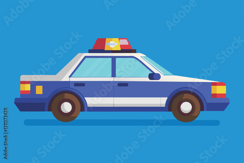 A flat design showcases a blue and white police car with a bright light on top against a plain background, Police car Customizable Flat Illustration
