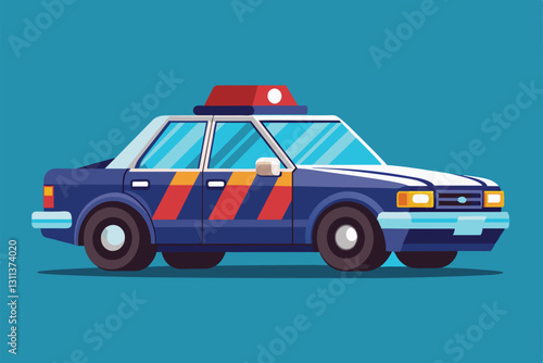 A semi-flat design of a police car features a blue exterior and distinct red stripes, showcasing custom details, Police car Customizable Semi Flat Illustration