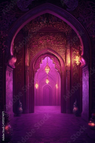 Purple Moroccan hallway, ornate arches, glowing lanterns, mysterious background