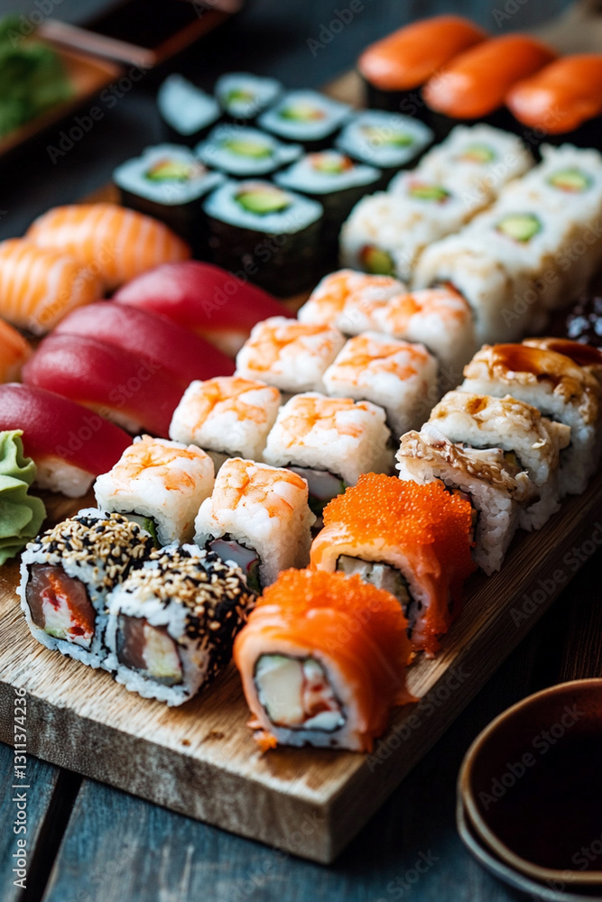 Assortment of sushi with different fillings, fresh seafood and soy sauce on the table Assortment of sushi with different fillings, fresh seafood and soy sauce on the table