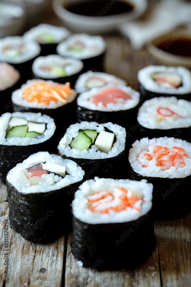 Assortment of sushi with different fillings, fresh seafood and soy sauce on the table Assortment of sushi with different fillings, fresh seafood and soy sauce on the table