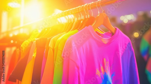 Teenagers hosting a clothing swap event to reduce waste, vibrant clothes and cheerful engagement in a bright setting