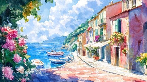 A detailed watercolor illustration of an Italian seaside town with fishing boats, narrow alleys, and blooming flowers, soft artistic strokes 