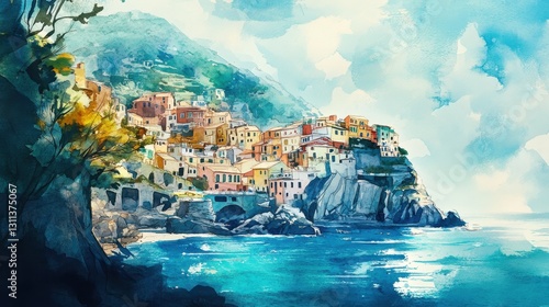 A painting of a beach with a small town in the background