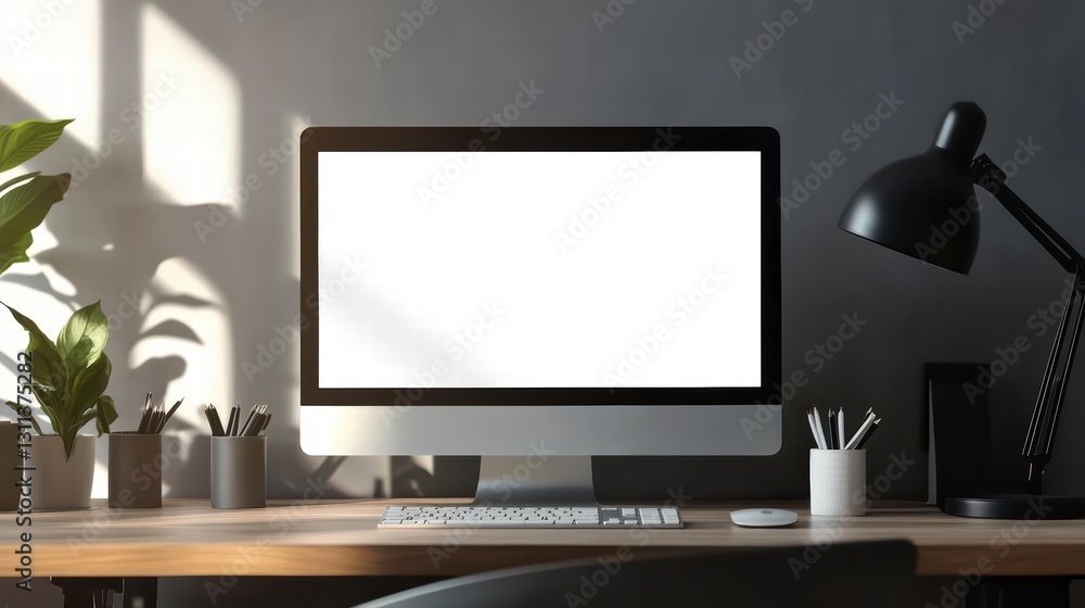 A sleek, uncluttered workspace setup, featuring a contemporary computer monitor on a wooden desk. Sunlight casts striking shadows. A sleek, uncluttered workspace setup, featuring a contemporary computer monitor on a wooden desk. Sunlight casts striking shadows.