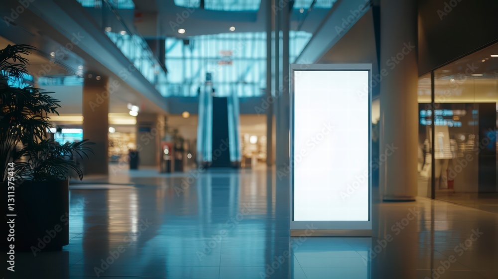 Blank Billboard in Shopping Mall: A tall, blank billboard stands prominently in a sleek modern shopping mall, capturing the attention of passersby. Blank Billboard in Shopping Mall: A tall, blank billboard stands prominently in a sleek modern shopping mall, capturing the attention of passersby.