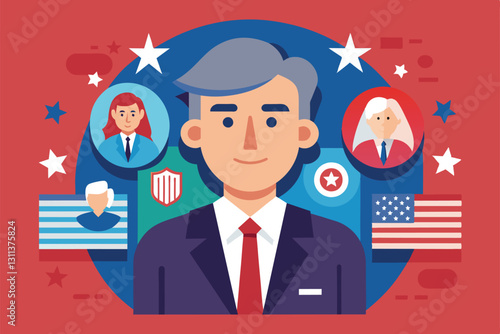 A flat design features a political candidate with icons representing diverse themes and backgrounds, Political candidate Customizable Flat Illustration