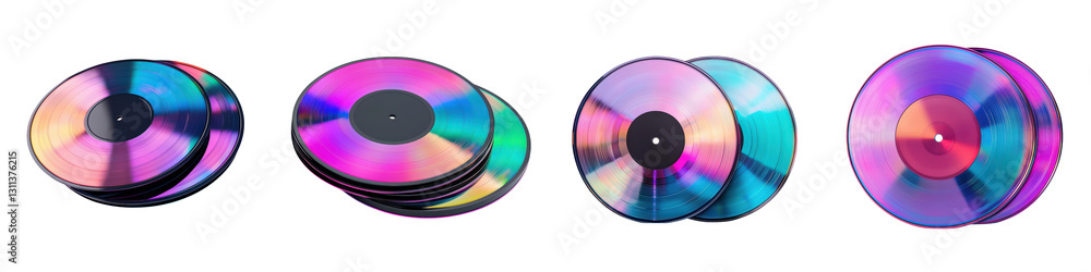 Vibrant holographic discs in a range of colors and patterns showcasing the diverse formats of digital media from CDs and DVDs to modern music storage Vibrant holographic discs in a range of colors and patterns showcasing the diverse formats of digital media from CDs and DVDs to modern music storage