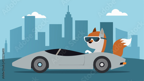 Urban Jungle A cool squirrel wearing chic sunglasses navigates through a bustling cityscape in a sleek silver sports car. Skyscrapers reflect in the cars shiny surface and the