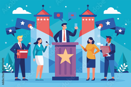 Candidates engage in a debate at a podium with audience participation and animated speech bubbles, Political debate Customizable Flat Illustration