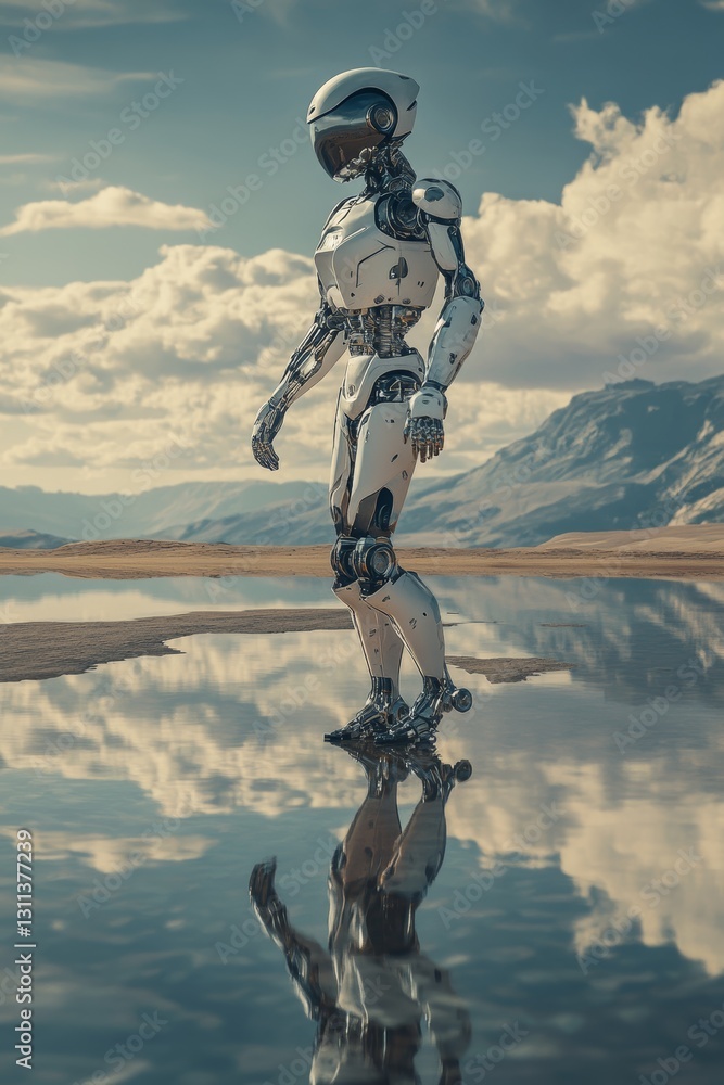 Naklejka premium Futuristic Robot Walking on Water in a Dramatic Landscape Scene