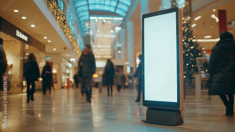 Digital Display in Shopping Mall: a blank digital display in a bustling shopping mall, surrounded by blurred figures of shoppers creating a sense of energy and activity, it is during christmas time Digital Display in Shopping Mall: a blank digital display in a bustling shopping mall, surrounded by blurred figures of shoppers creating a sense of energy and activity, it is during christmas time