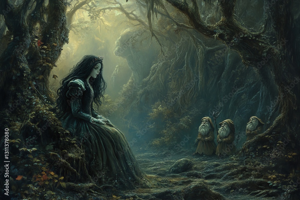 Obraz premium Enchanted Forest Scene with Mysterious Woman and Dwarfs