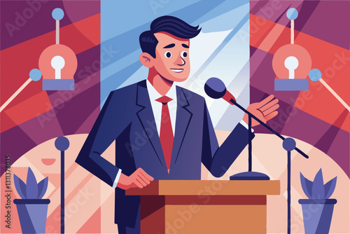 A politician is confidently addressing an audience during a public speaking event, showcasing leadership, Politician performing concept, Public speaker and orator with microphone,