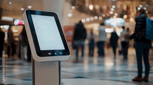 Wallpaper Mural Information Kiosk in Public Space: Modern information kiosk stands prominently in a bustling public area, showcasing a blank, interactive display with blurred silhouettes of people. Torontodigital.ca