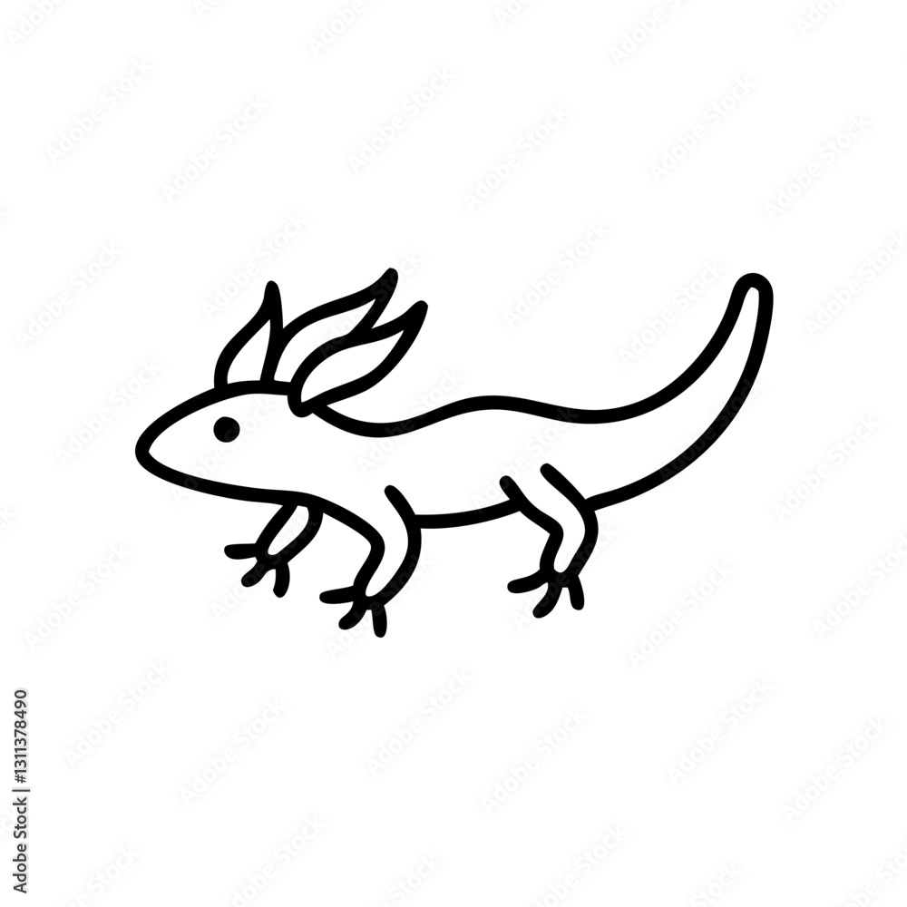 Fototapeta premium Axolotl icon with playful expression, swimming in a simple design, black outline, modern design