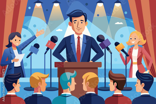 A politician addresses audience questions during a lively debate at a local venue, Politician speaks at debate, answers questions from journalists,