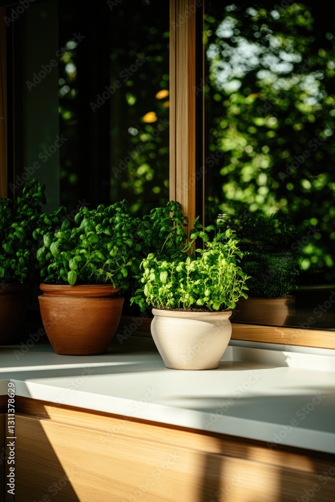 Sunlit kitchen scene featuring potted herbs on countertop, vibra Sunlit kitchen scene featuring potted herbs on countertop, vibra