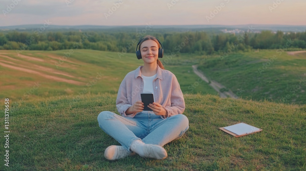 Woman enjoying coffee scenic view peaceful nature landscape sunset sunrise Woman enjoying coffee scenic view peaceful nature landscape sunset sunrise
