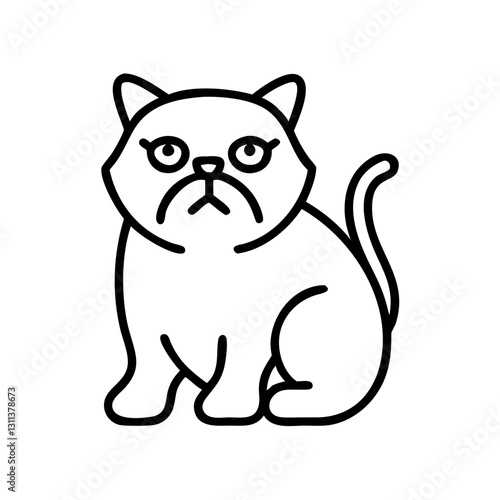 Cat exotic-shorthair icon with a serious expression, sitting calmly, black outline, modern design