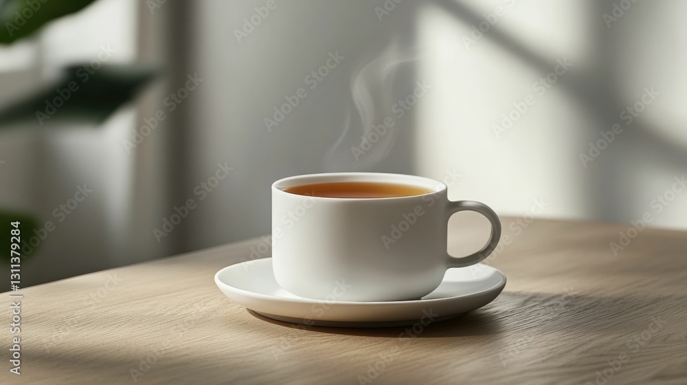 Steaming cup of tea in a white porcelain teacup with a saucer, placed on a wooden table, minimalistic setup, soft studio lighting Steaming cup of tea in a white porcelain teacup with a saucer, placed on a wooden table, minimalistic setup, soft studio lighting