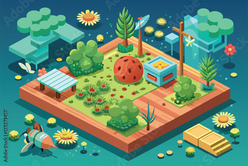 A colorful isometric garden layout features allergy-friendly plants, a relaxing bench, and blooming flowers, Pollen allergy Customizable Isometric Illustration