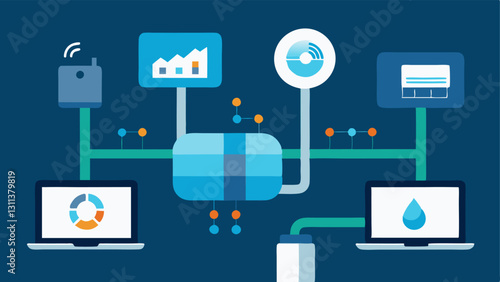 Water Management Systems An illustration of underground pipes with sensors detecting water quality and leaks connected to a dashboard displaying realtime data.