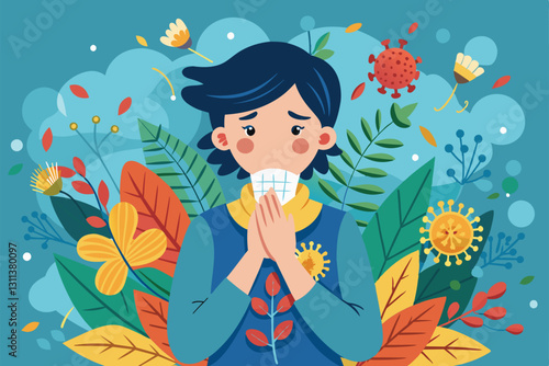 A person expressing discomfort from pollen allergies amid vibrant flowers and leaves in springtime, Pollen allergy Customizable Semi Flat Illustration